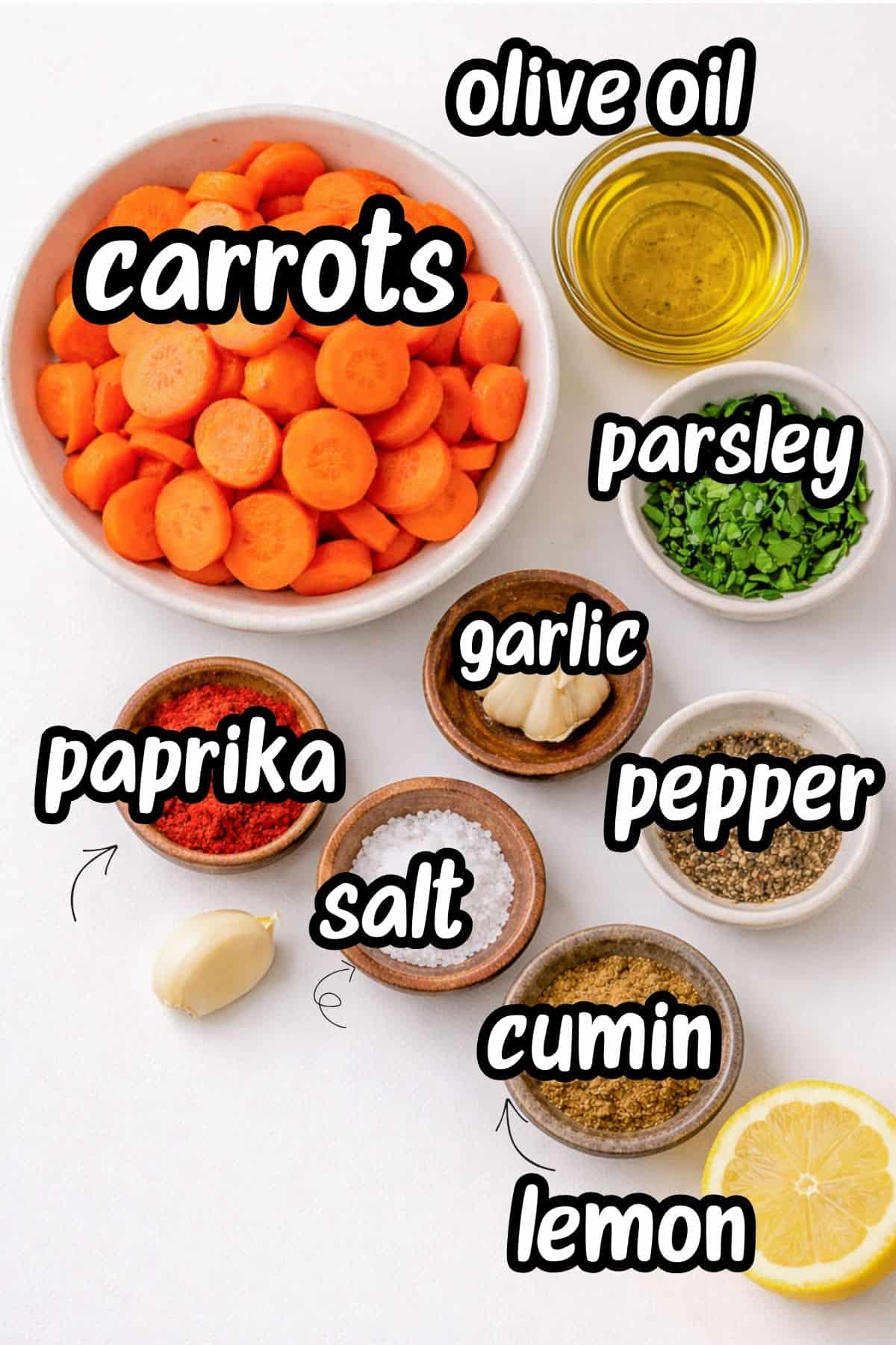 Ingredients for making parsley and lemon Moroccan carrot salad.