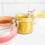 Chermoula sauce in a glass jar.