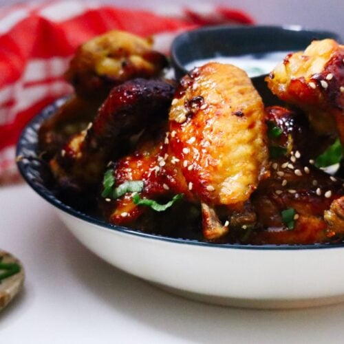 A bowl of chicken wings which have been cooked from frozen, using the Instant Pot.