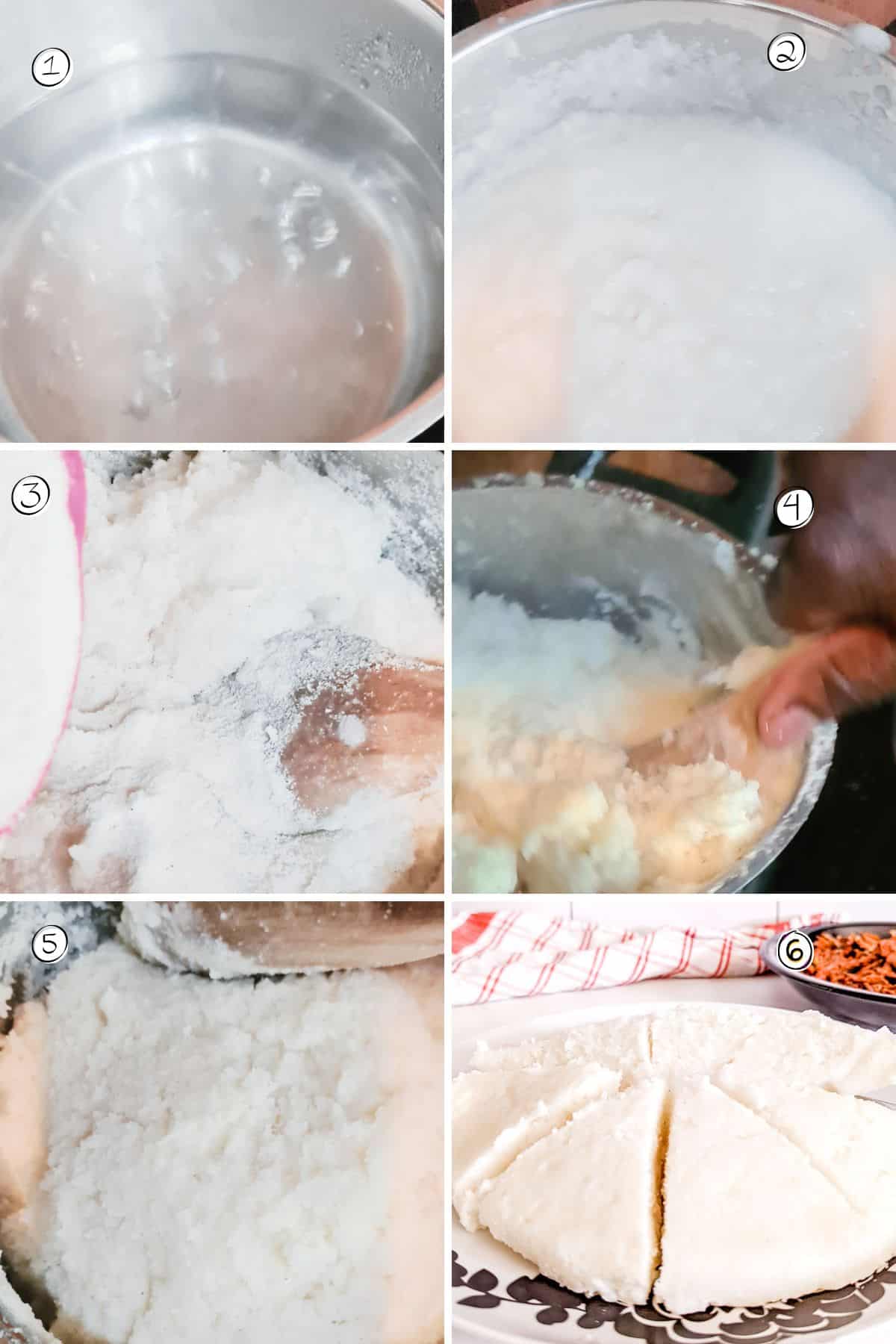 A collage showing how to make ugali.