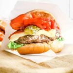 Picture of air fryer turkey burgers cooked from frozen.