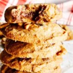 Stacked keto peanut butter chocolate chip cookies.