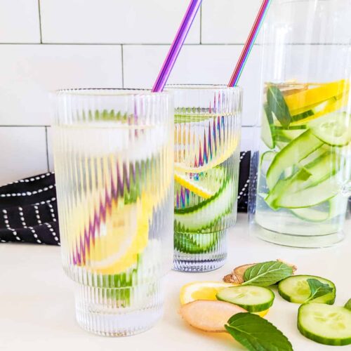 Cucumber, lemon, and ginger water with mint.