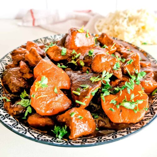 A picture of a bowl of South African beef stew.