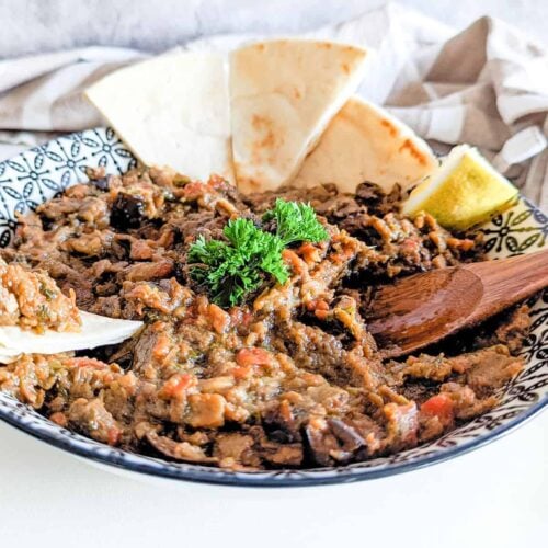 An overhead picture of the Moroccan Aubergine and Tomato Dip (Zaalouk)