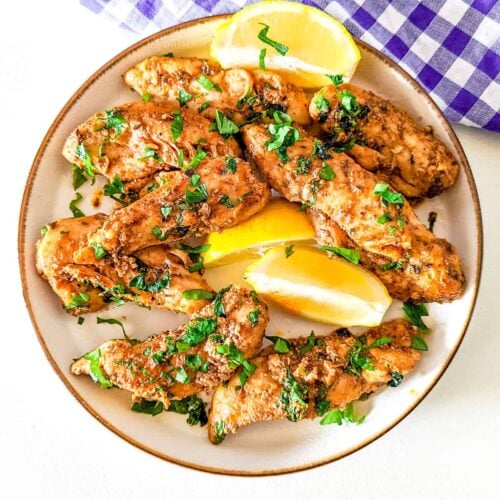 Chicken tenders cooked from frozen using the Ninja Foodi Air Fryer.