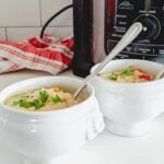 Health and creamy ninja foodi chicken vegetable soup with rice and potatoes.