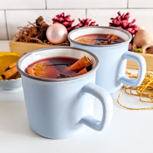 Two cups of German mulled wine (Glühwein).
