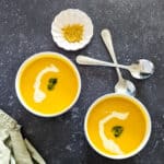 Top-down picture of soup maker butternut squash soup.