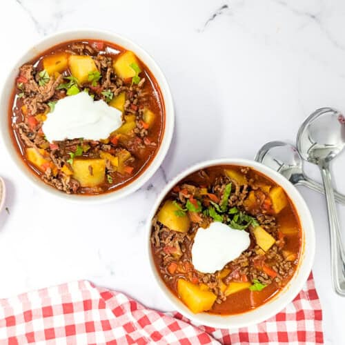 Two bowls of German Bauerntopf.