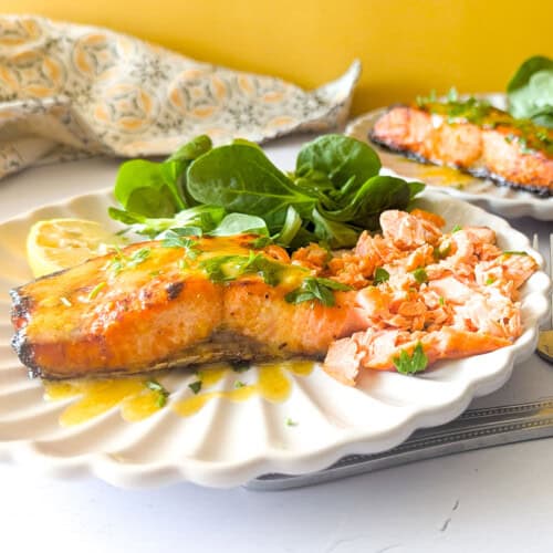Air fried salmon cooked from frozen.