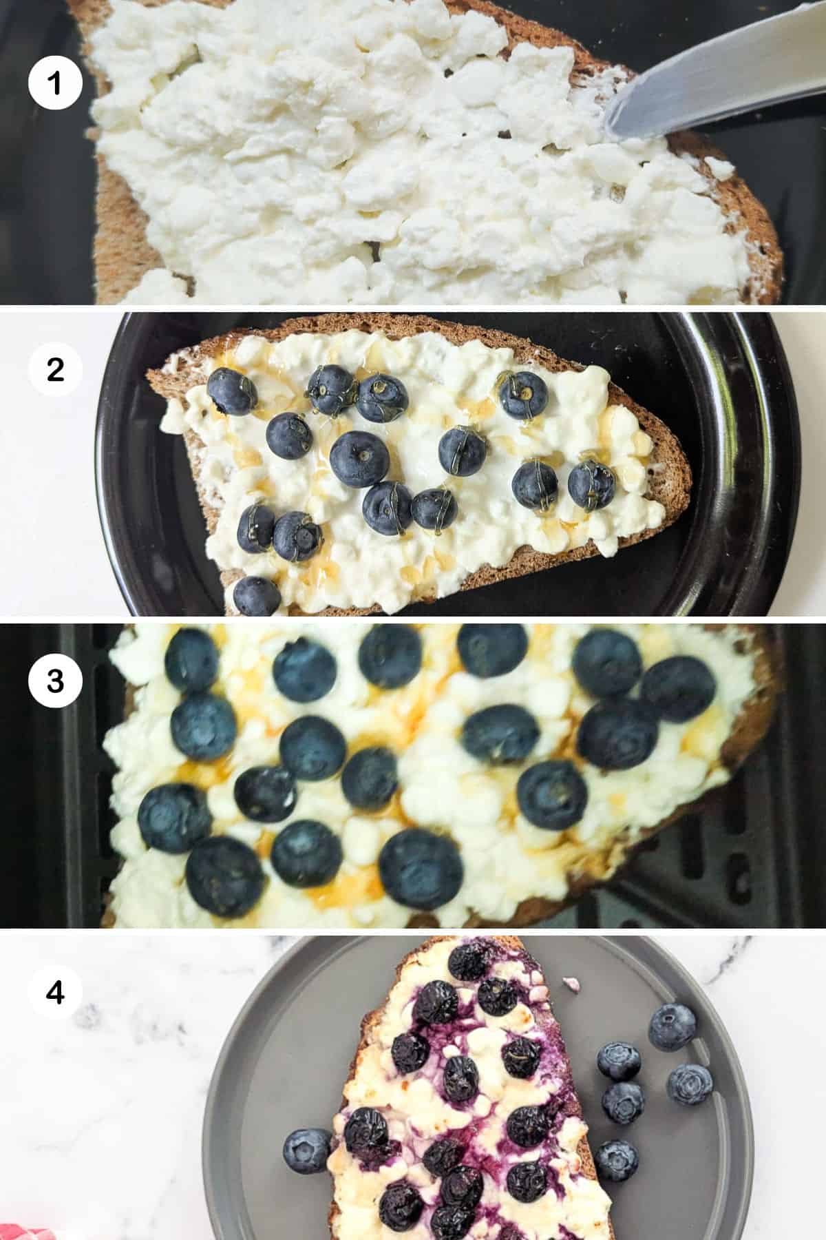 A photo collage showing how to make air fried cottage cheese blueberry toast.