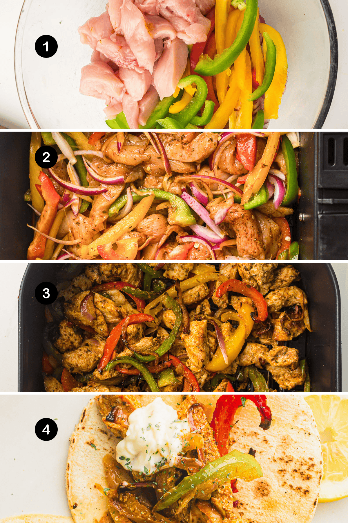 A series of pictures showing the steps of making air fryer chicken fajitas.