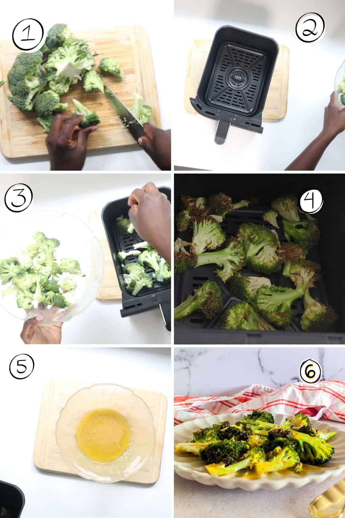 A photo collage showing the steps for making air fryer broccoli with mustard vinegar sauce.