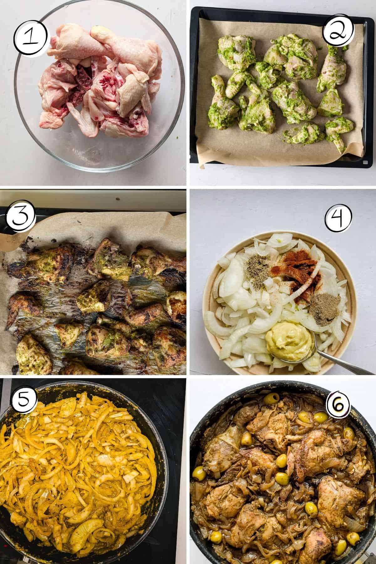 A photo collage showing how to make yassa chicken.